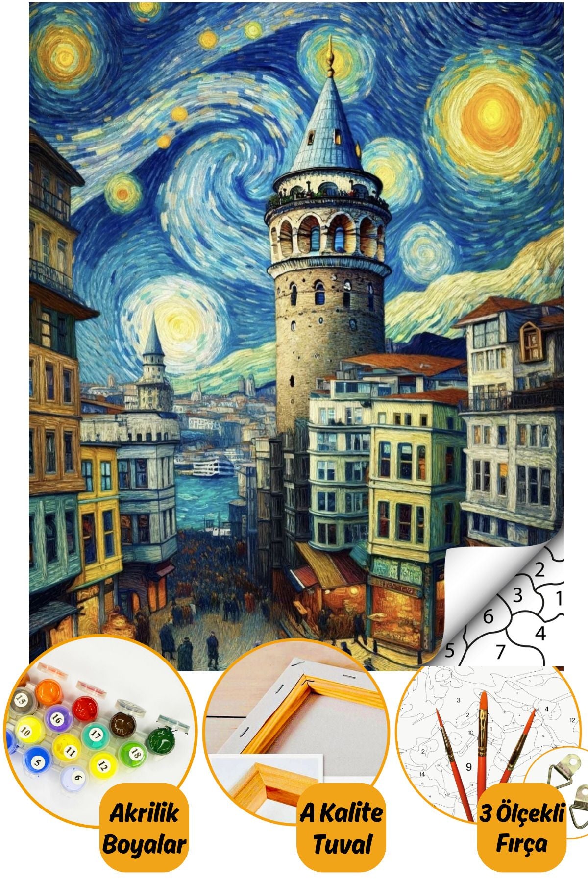 Sayılarla Boyama Numaralı Tuval Seti Fırça Boya Dahil 40x50cm - Galata Yıldızlı Gece