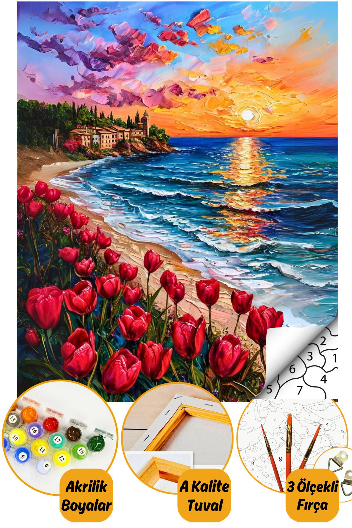 Sayılarla Boyama Numaralı Tuval Seti Fırça Boya Dahil 40x50cm - Kırmızı Çiçekli Sahil