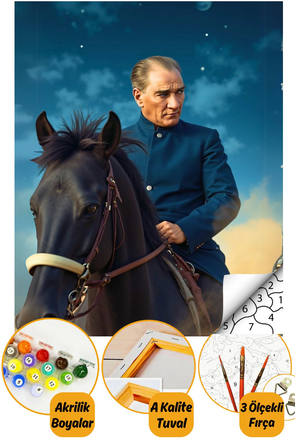 Sayılarla Boyama Numaralı Tuval Seti Fırça Boya Dahil 40x50cm - Atatürk At Üstünde