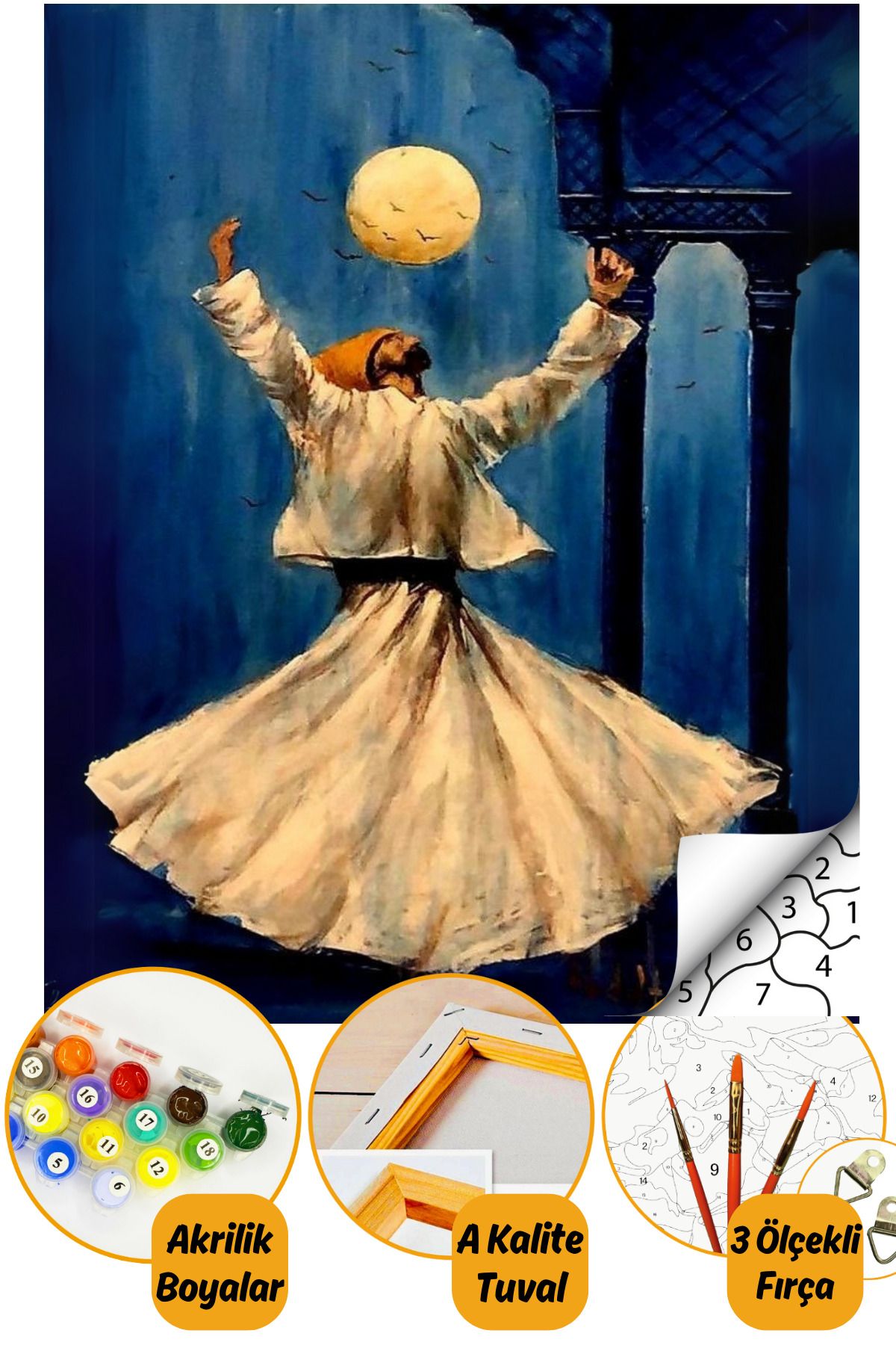 Sayılarla Boyama Numaralı Tuval Seti Fırça Boya Dahil 40x50cm - Semazen Mevlana