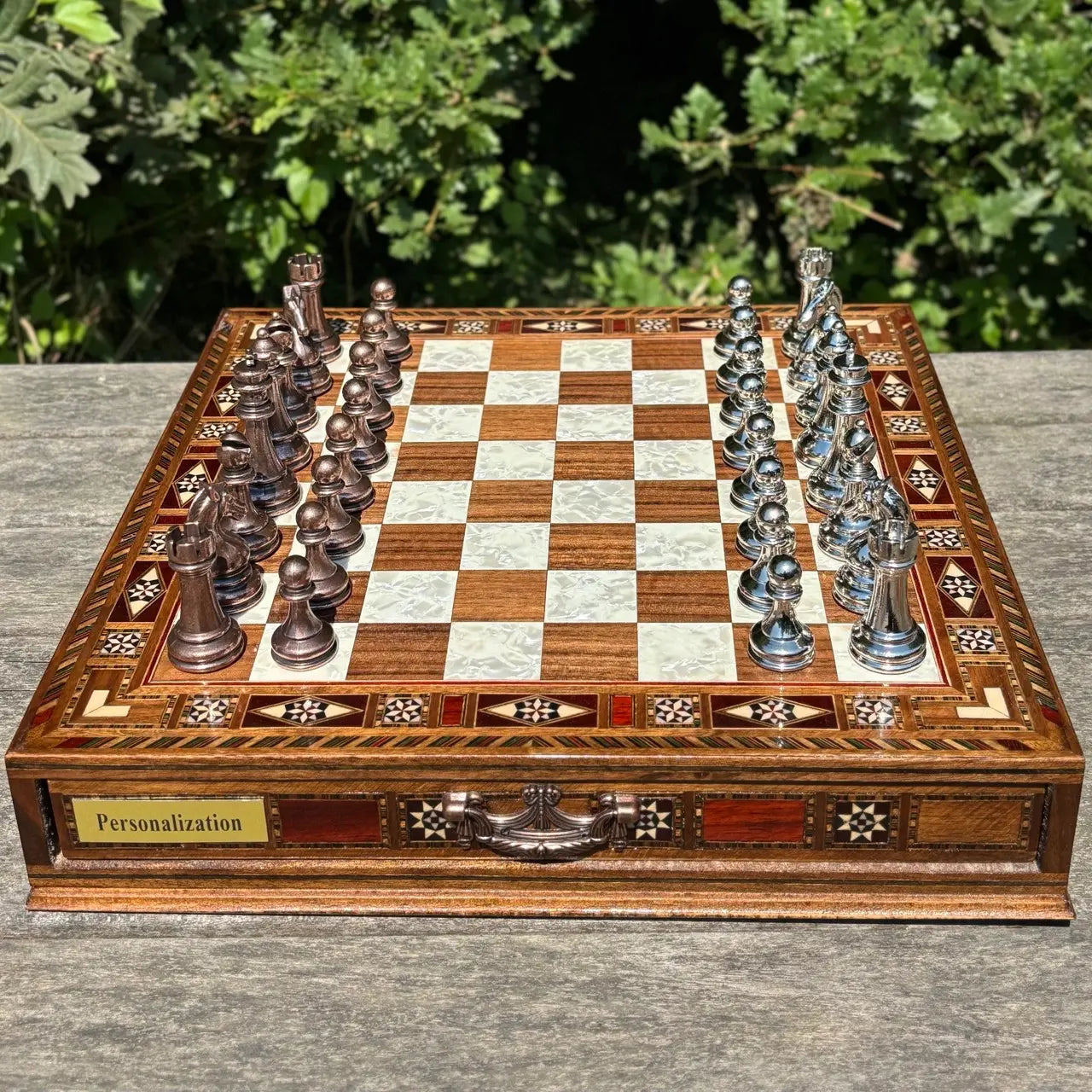 Tamamen El Yapımı Satranç Takımı, Bronze Metal, Masif Ahşap Satranç, Hediyelik, Satranç Seti
