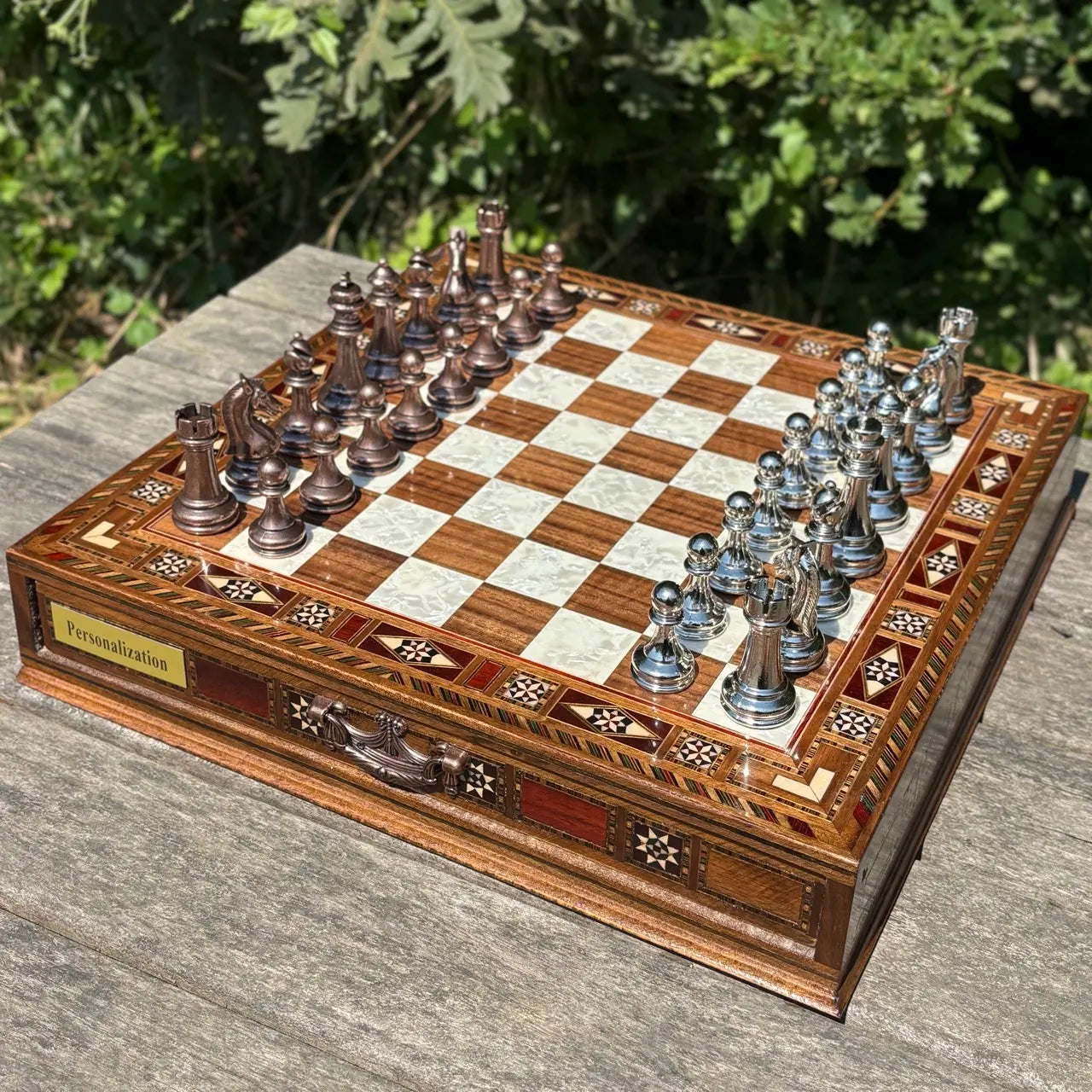 Tamamen El Yapımı Satranç Takımı, Bronze Metal, Masif Ahşap Satranç, Hediyelik, Satranç Seti