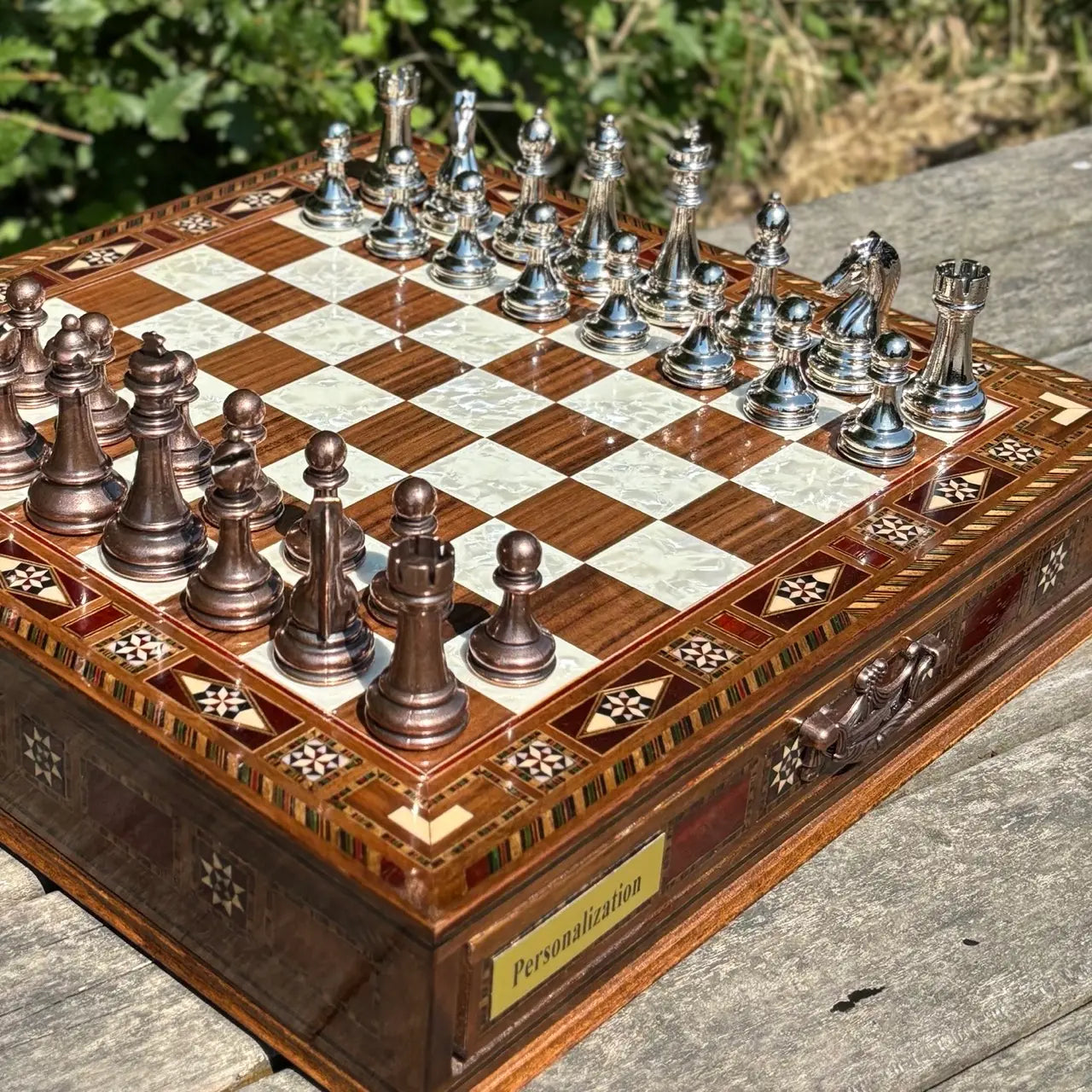 Tamamen El Yapımı Satranç Takımı, Bronze Metal, Masif Ahşap Satranç, Hediyelik, Satranç Seti