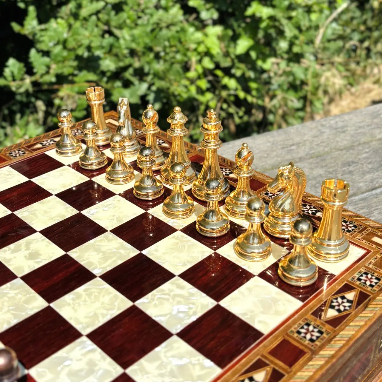 Lüks El Yapımı Satranç Takımı Gold Metal, Masif Ahşap Satranç, Hediyelik