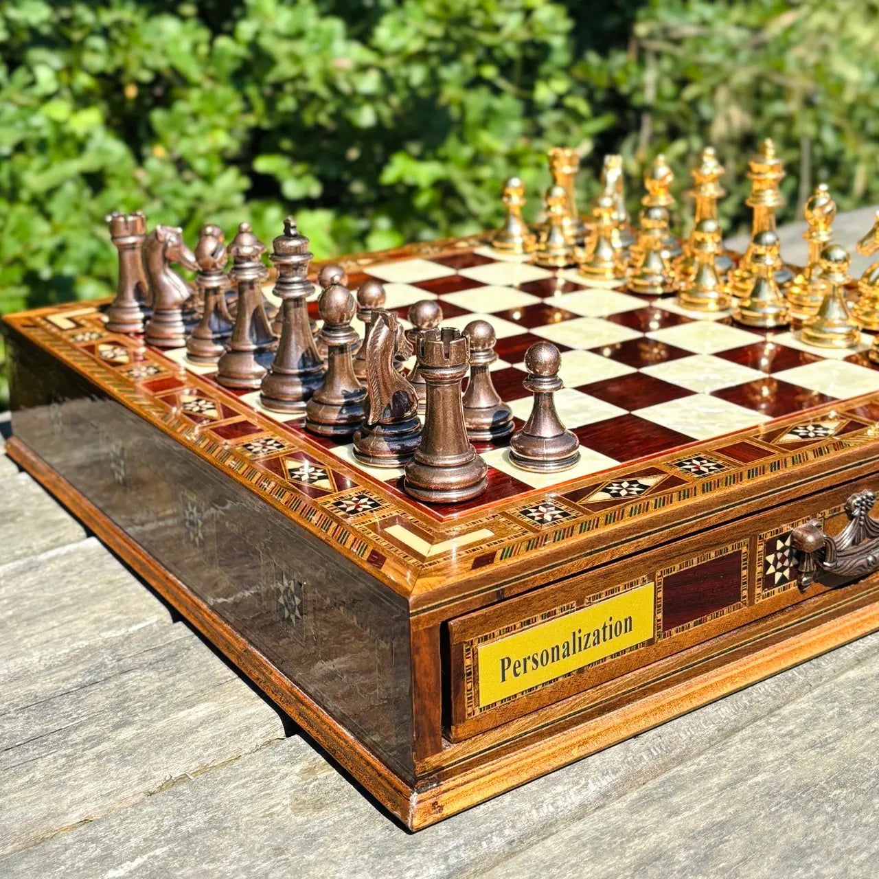 Lüks El Yapımı Satranç Takımı Gold Metal, Masif Ahşap Satranç, Hediyelik
