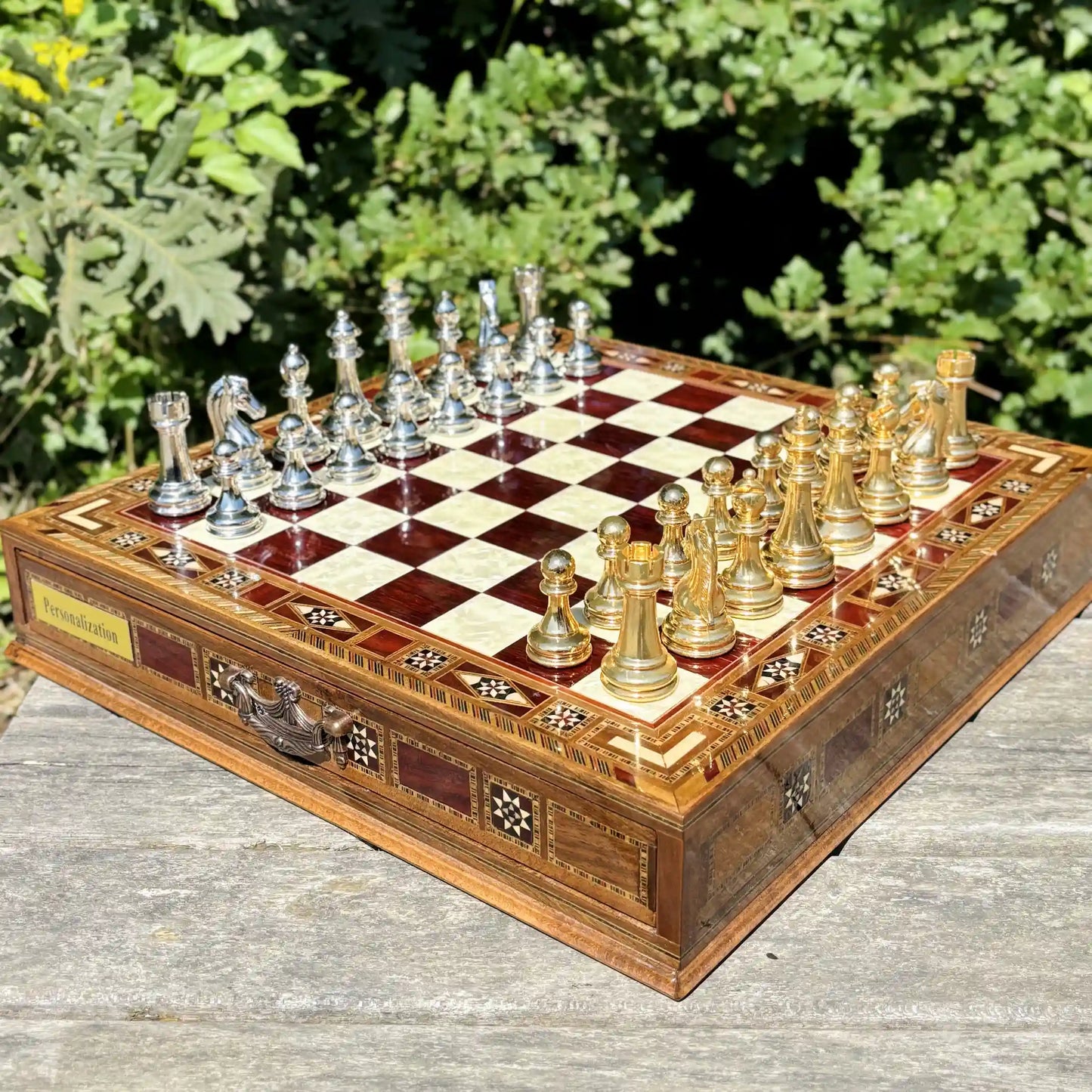 Premium Tamamen El Yapımı Satranç Takımı, Gold Metal, Masif Ahşap Satranç, Hediyelik, Satranç Seti
