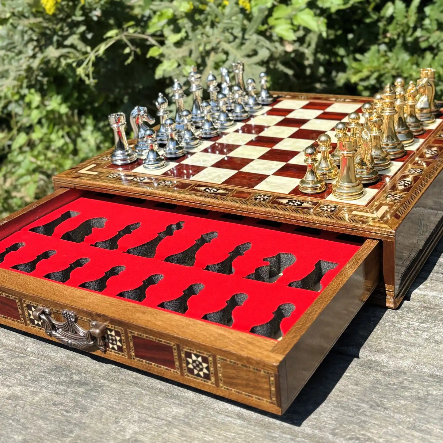 Premium Tamamen El Yapımı Satranç Takımı, Gold Metal, Masif Ahşap Satranç, Hediyelik, Satranç Seti