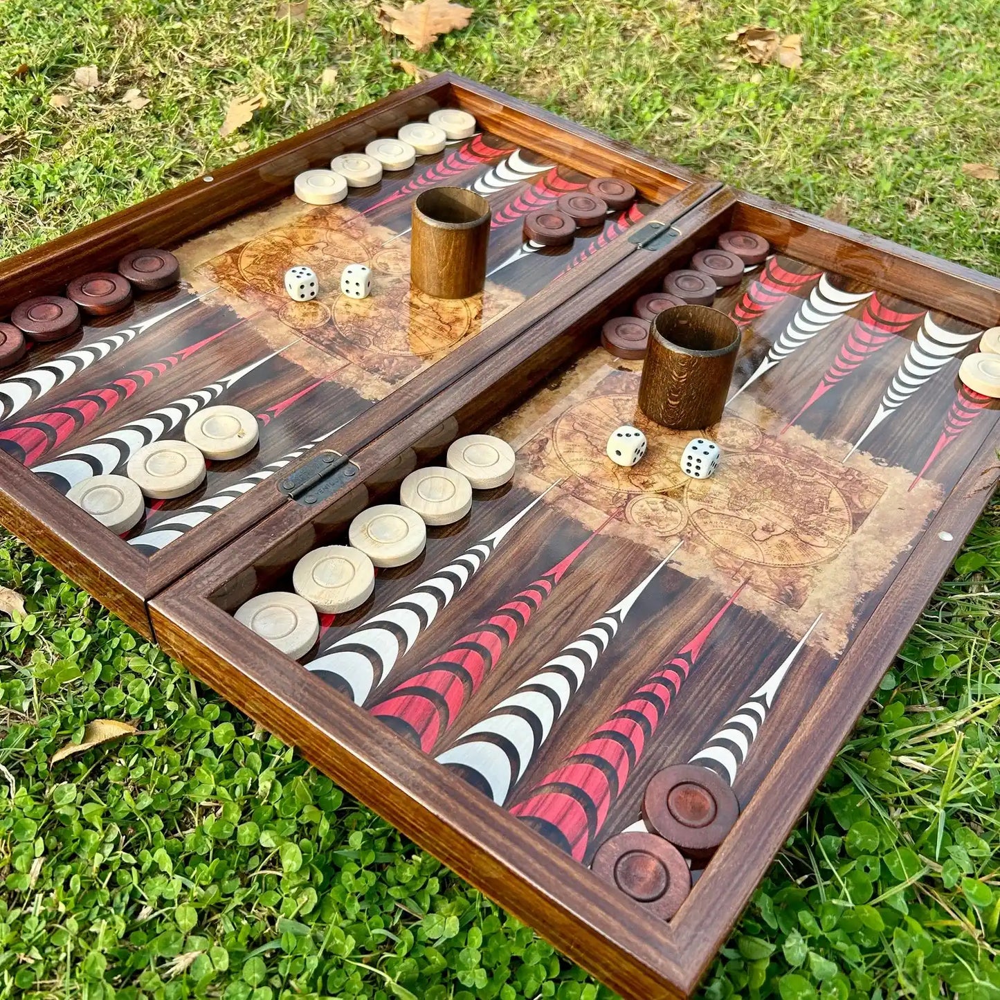 Lüks Büyük Boy Klasik Tavla Seti, Tavla Seti Antik Dünya Haritalı, Hediyelik Tavla Ölçü: 49x24x6 cm