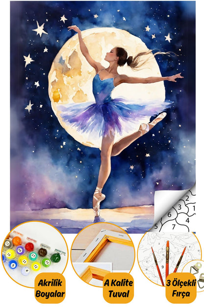 Sayılarla Boyama Numaralı Tuval Seti Fırça Boya Dahil 40x50cm - Ay ve Balerin