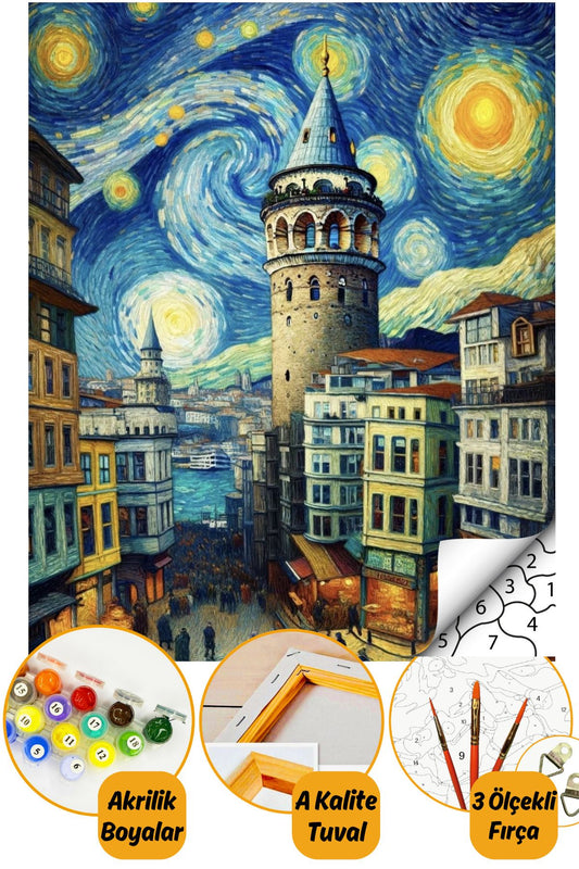 Sayılarla Boyama Numaralı Tuval Seti Fırça Boya Dahil 40x50cm - Galata Yıldızlı Gece