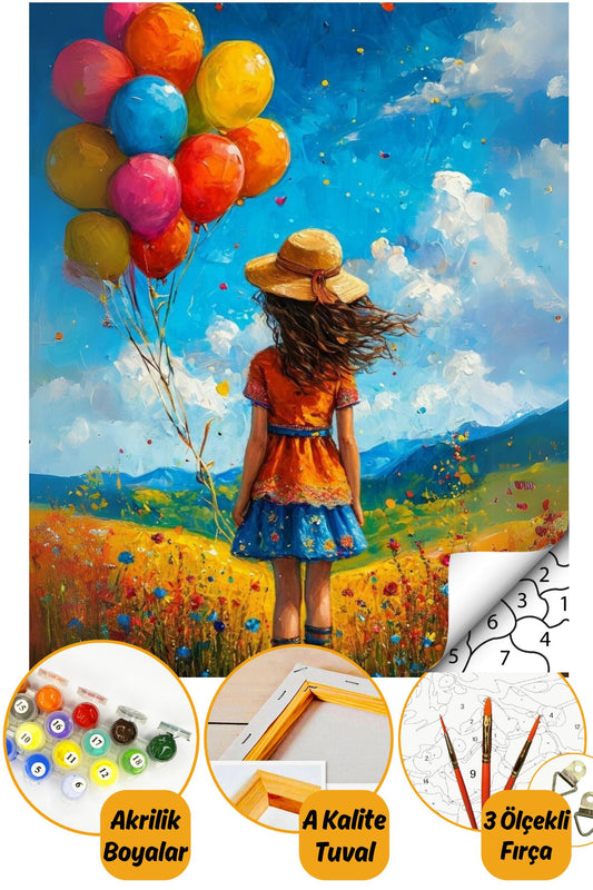 Sayılarla Boyama Numaralı Tuval Seti Fırça Boya Dahil 40x50cm Çocuk ve Balonlar