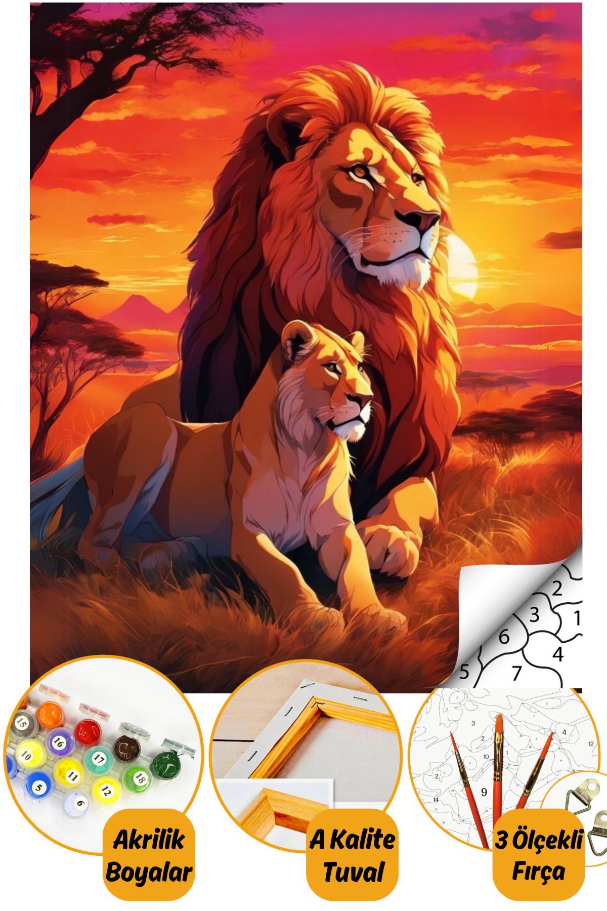 Sayılarla Boyama Numaralı Tuval Seti Fırça Boya Dahil 40x50cm Aslan Kral TL039