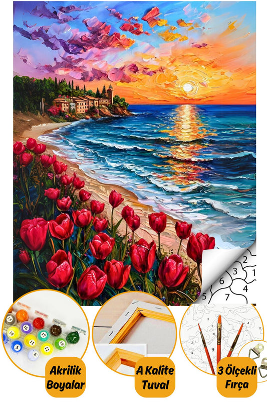 Sayılarla Boyama Numaralı Tuval Seti Fırça Boya Dahil 40x50cm - Kırmızı Çiçekli Sahil