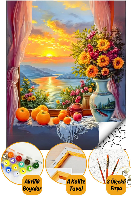 Sayılarla Boyama Numaralı Tuval Seti Fırça Boya Dahil 40x50cm - Gün Batımı Çiçekli