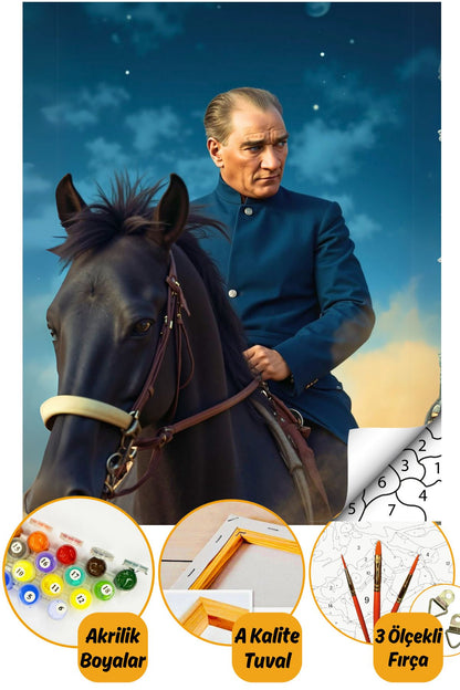Sayılarla Boyama Numaralı Tuval Seti Fırça Boya Dahil 40x50cm - Atatürk At Üstünde