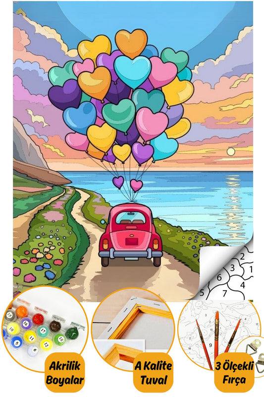 Sayılarla Boyama Numaralı Tuval Seti Fırça Boya Dahil 40x50cm Tatlı Araba ve Balonlar