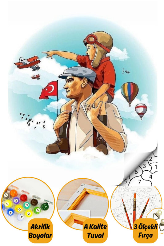 Sayılarla Boyama Numaralı Tuval Seti Fırça Boya Dahil 40x50cm - Atatürk ve Çocuk