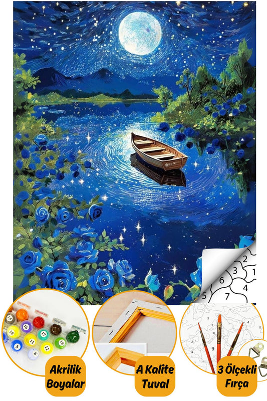 Sayılarla Boyama Numaralı Tuval Seti Fırça Boya Dahil 40x50cm - Sandal ve Ay