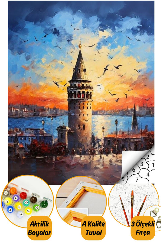 Sayılarla Boyama Numaralı Tuval Seti Fırça Boya Dahil 40x50cm - Galata Günbatımı