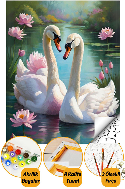 Sayılarla Boyama Numaralı Tuval Seti Fırça Boya Dahil 40x50cm - Pembe Nilüfer ve Kuğular