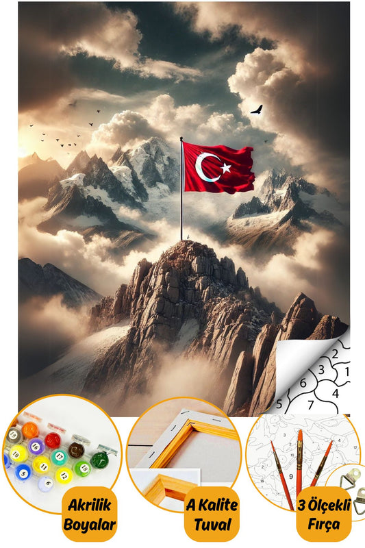 Sayılarla Boyama Numaralı Tuval Seti Fırça Boya Dahil 40x50cm - Türk Bayrağı
