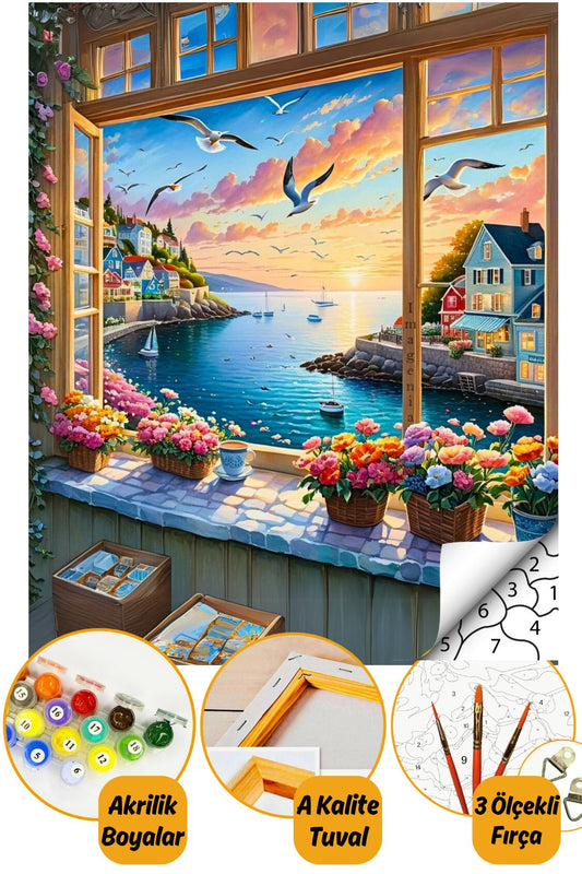 Sayılarla Boyama Numaralı Tuval Seti Fırça Boya Dahil 40x50cm - Huzur Penceresi