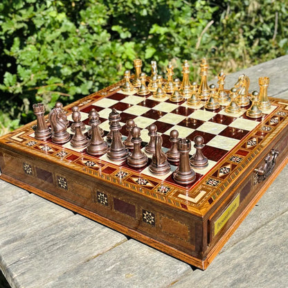 Lüks El Yapımı Satranç Takımı Gold Metal, Masif Ahşap Satranç, Hediyelik