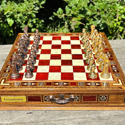 Lüks El Yapımı Satranç Takımı Gold Metal, Masif Ahşap Satranç, Hediyelik