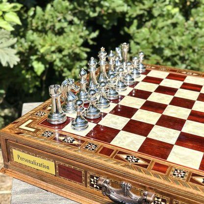 Premium Tamamen El Yapımı Satranç Takımı, Gold Metal, Masif Ahşap Satranç, Hediyelik, Satranç Seti