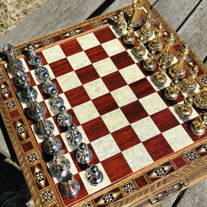 Premium Tamamen El Yapımı Satranç Takımı, Gold Metal, Masif Ahşap Satranç, Hediyelik, Satranç Seti