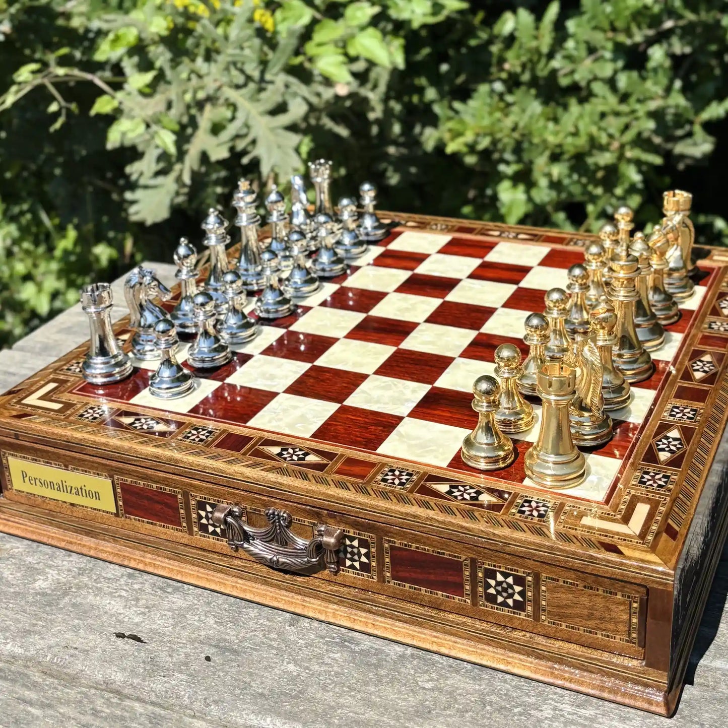 Premium Tamamen El Yapımı Satranç Takımı, Gold Metal, Masif Ahşap Satranç, Hediyelik, Satranç Seti