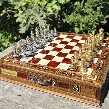 Premium Tamamen El Yapımı Satranç Takımı, Gold Metal, Masif Ahşap Satranç, Hediyelik, Satranç Seti