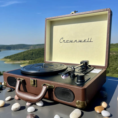 Corwnwell Pikap Çalar Deri Çantalı Önden Hoparlörlü Kahverengi Bluetooth ve Şarjlı