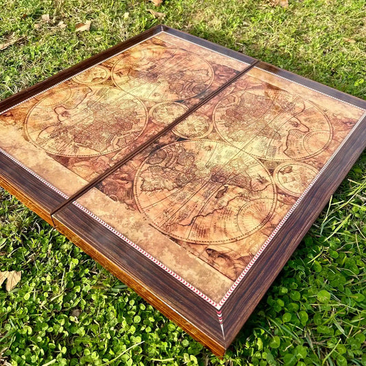 Lüks Büyük Boy Klasik Tavla Seti, Tavla Seti Antik Dünya Haritalı, Hediyelik Tavla Ölçü: 49x24x6 cm