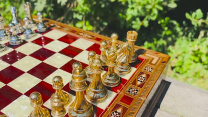 Premium Tamamen El Yapımı Satranç Takımı, Gold Metal, Masif Ahşap Satranç, Hediyelik, Satranç Seti